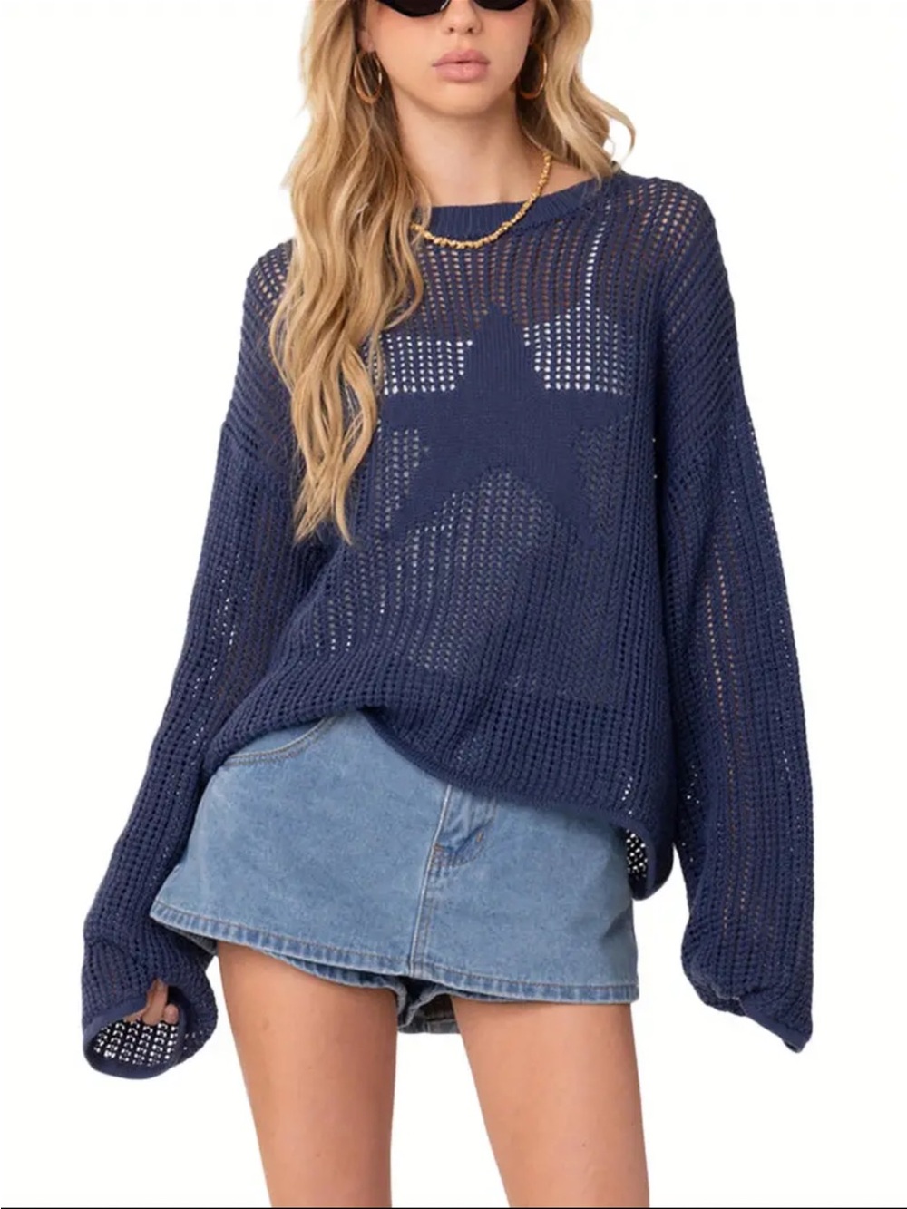 NWOT Open-Knit Star Sweater in Navy, Multiple Sizes